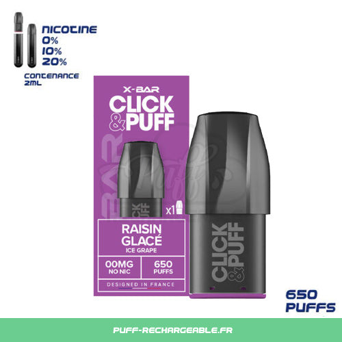 Pods Puff X-Bar Click & Puff | Saveur Raisin Glacé | Recharge X-bar Click & Puff